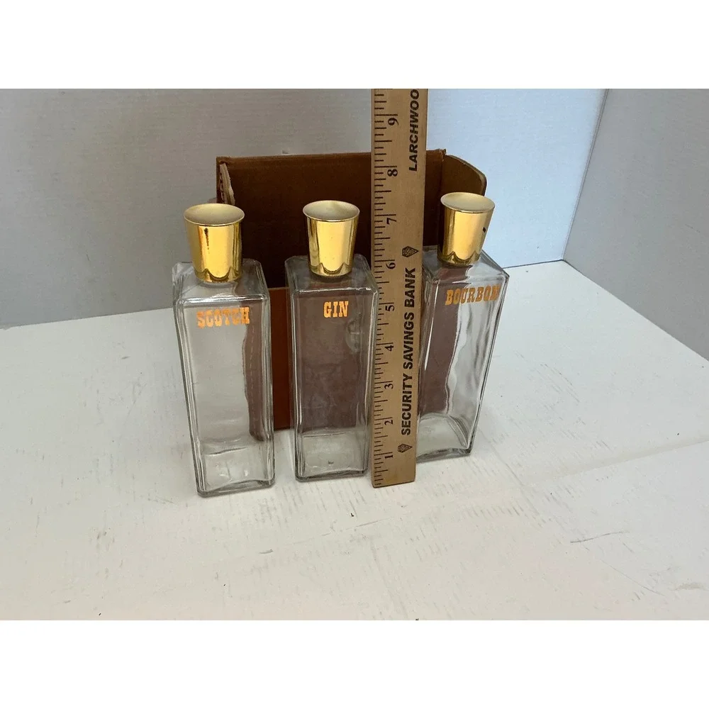Vintage Travel Bar Set 3 Glass Decanters Bourbon Scotch Gin Faux Leather Case